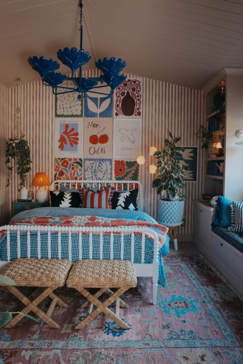 Ella Bedroom with Stripe Wallpaper, Shiplap Dormer Ceiling and Poster Gallery Wall - Nesting With Grace Dormer Ceiling, Wallpaper Shiplap, Gingham Sheets, Blue Nightstands, Poster Gallery Wall, Fluffy Duvet, Shiplap Ceiling, Nesting With Grace, X Bench