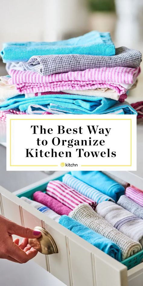 Kitchen Towels Storage, Towels Storage, Marie Kondo Organizing, Kitchen Towels Hanging, Kitchen Towel Ideas, Folding Towels, Turquoise Kitchen, Organize Kitchen, Flour Sack Kitchen Towels