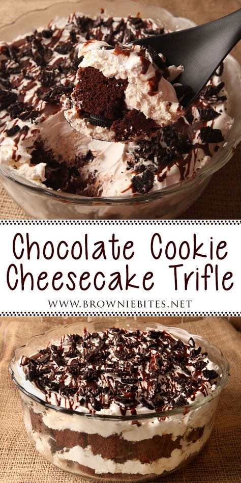 Cookies And Cream Trifle, Chocolate Cookie Desserts, Oreo Cheesecake Trifle, Sugar Cookie Trifle, Cheesecake Trifle Desserts Easy, Cheesecake Trifle Recipes, Brownie Cheesecake Trifle, Easy Trifle Desserts, Trifle Recipes Chocolate