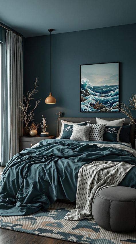 Dark Teal Bedroom Small Teal Bedroom, Teal And Navy Bedroom Ideas, Teal Primary Bedroom, Bedding For Teal Walls, Dark Teal And Grey Bedroom, Sea Serpent Bedroom, Teal And Black Bedroom Ideas, Dark Blue Aesthetic Bedroom Ideas, Ocean Inspired Decor