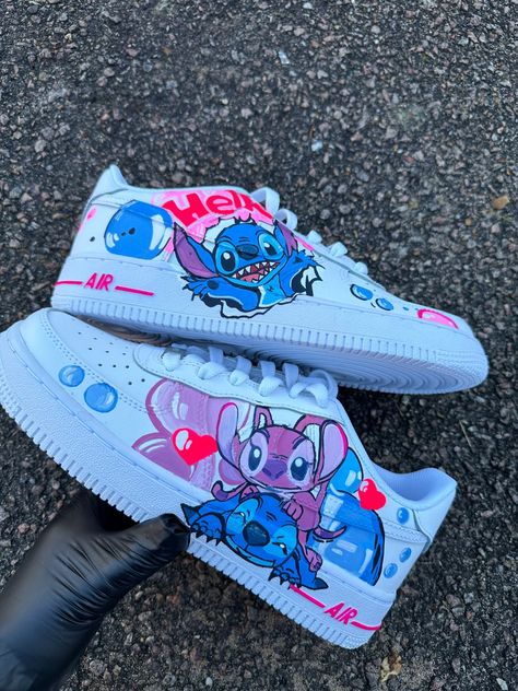 Af1 Custom Stitch Trainers/ Kicks/ Christmas - Etsy UK Stitch Jordans, Stitch Quinceanera Theme, Custom Stitch Air Force 1, Stitch Shoes Disney, Stitch Trainers, Customised Trainers, Stitch And Angel Custom Shoes, Lilo And Stitch Shoes, Lilo And Stitch Painted Shoes