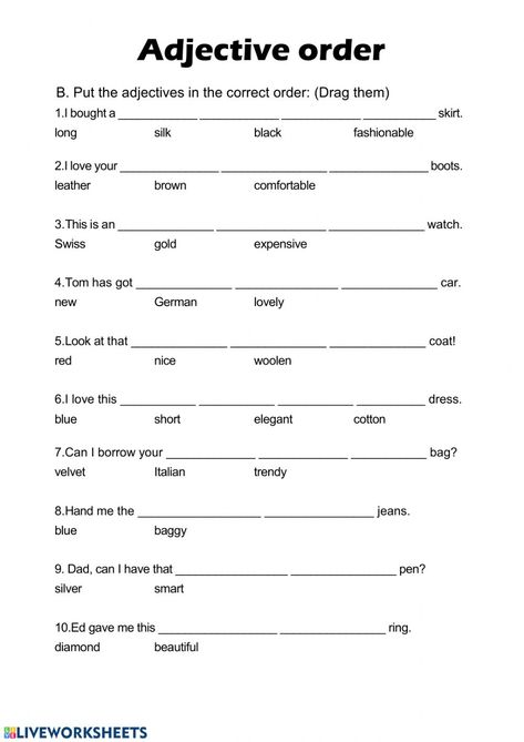 Order Of Adjectives Worksheet, Adjective Order, Adjectives Exercises, Adjectives Worksheet, Order Of Adjectives, Adjective Words, Adjective Worksheet, Meaningful Sentences, Word Order