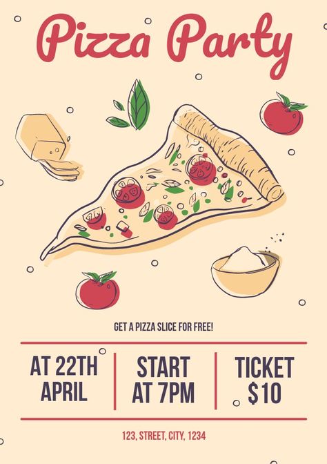 Pizza Event Ideas, Pizza Party Flyer Design, Pizza Party Poster Design, Pizza Night Invitation, Hand Drawn Flyer, Pizza Flyer Design Ideas, Pizza Party Invite, Pizza Day Poster, Pizza Flyer Design