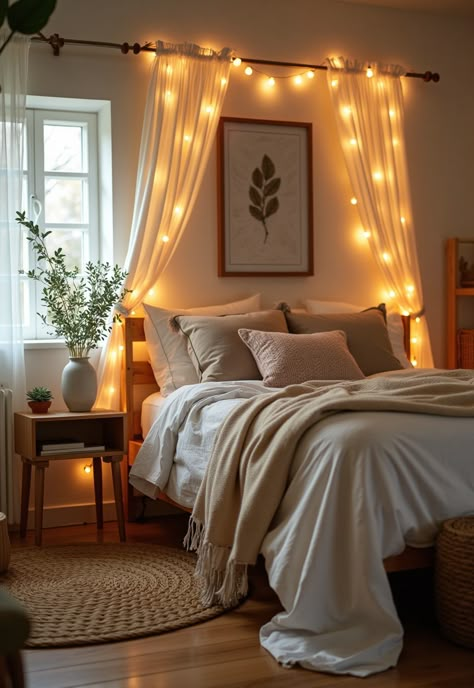 Boho Bedroom with Curtain Lights Boho Bedroom With Lights, Sheer Curtain Lights Bedroom, Boho Bed Curtains, Fairy Lights Boho Bedroom, Curtain Lights Behind Bed, Fairy Lights Behind Bed, Fairy Lights Bedroom Ideas Simple, Bedroom Curtain Lights, Curtain Lights Bedroom Ideas