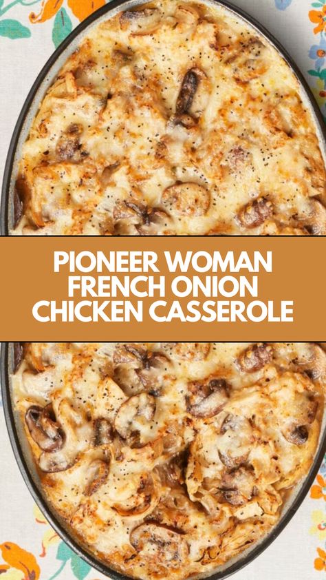 This easy Pioneer Woman French Onion Chicken Casserole is a creamy and hearty meal perfect for any night of the week. It features layers of tender chicken and caramelized onions topped with crispy baguette slices and melted cheese. You can easily customize it with whatever ingredients you have on hand for a delicious family dish! Good Hearty Meals, Casseroles On A Budget, Hearty Chicken Casserole, French Onion Casserole Chicken, French Onion Casserole Recipes, French Onion Frittata Pioneer Woman, Easy French Onion Chicken Baked, One Pan Casserole Dinners, Pioneer Woman Chicken Casserole