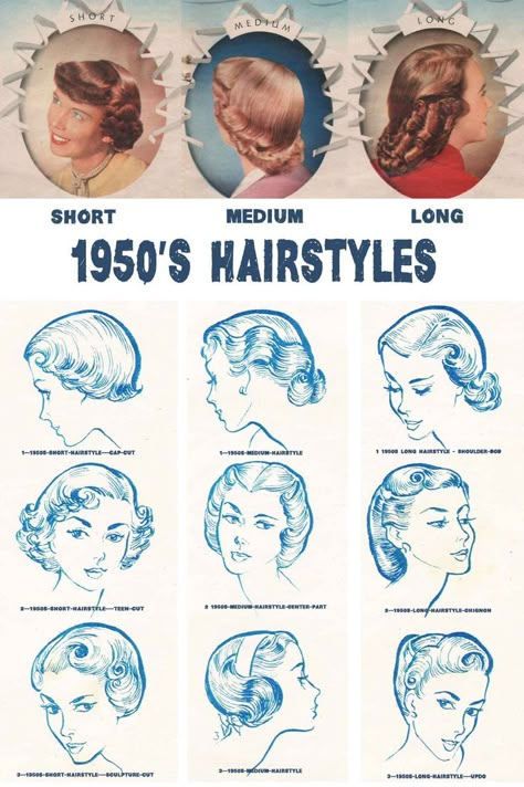 Vintage Hairstyle Inspiration/ 1950s Aesthetic: 1950s Hairstyles Chart for your hair length | Glamour Daze #1950s #1950sfashion #1950sAesthetic #50s #1950shair #VintageHairstyle Hairstyles 1950s, 1950s Hairstyle, Cabelo Pin Up, 1950s Hair, Hairstyles Retro, Teenage Hairstyles, 1950s Hairstyles, 50s Hairstyles, 1940s Hairstyles