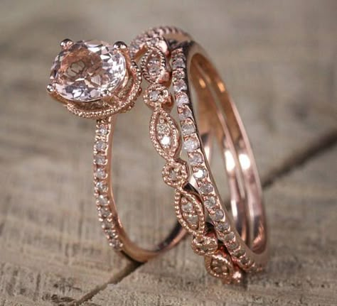 Now On Sale: Save Over $600, Normal Selling Price is $1199 Limited Time Sale for $599 Only A perfect handmade 2 carat Morganite and Diamond Trio Engagement Ring Set in 10k Rose Gold for Women. The perfect trio wedding ring set showcases main Engagement Ring and 2 matching wedding ring Silicone Wedding Rings, Gorgeous Rings, Gorgeous Engagement Ring, Wedding Rings Rose Gold, Dream Engagement Rings, Rose Engagement Ring, Dream Engagement, Wedding Band Sets, Wedding Rings Unique