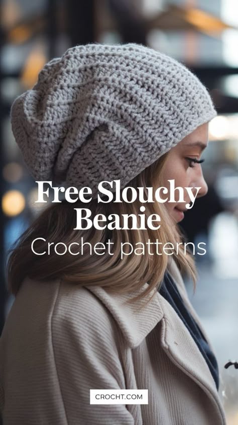 Crochet trendy slouchy beanies with these free patterns. Perfect for adding a relaxed and stylish touch to any outfit! Common People Hat Crochet Pattern, Crochet Slouchie Hat Free Pattern, Crochet Pattern Slouchy Beanie, Slouchy Beanie Knitting Pattern Free, Free Slouchy Crochet Hat Pattern, Crochet Hats Slouchy, Loose Beanie Crochet Pattern, Crochet Chunky Beanie Hat Free Pattern, How To Crochet A Slouchy Beanie