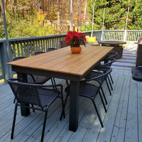 Wood Table Outdoor Patio, Patio Wooden Table, Patio Table And Chairs, Outdoor Table And Chairs, Outside Farm Table Patio, Black Wooden Outdoor Table, Backyard Farm House Table, Wood Patio Table, Patio Table Decor