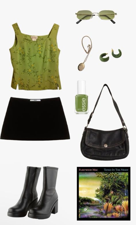 Green And Black Concert Outfits, Black And Green Alt Outfit, Green Eras Tour Outfit, Fleetwood Mac Inspired Outfits, Outfit Inspo For Concert, Fleetwood Mac Aesthetic Outfit, Fleetwood Mac Outfit Ideas, Polyvore Outfits Vintage, Fleetwood Mac Outfit