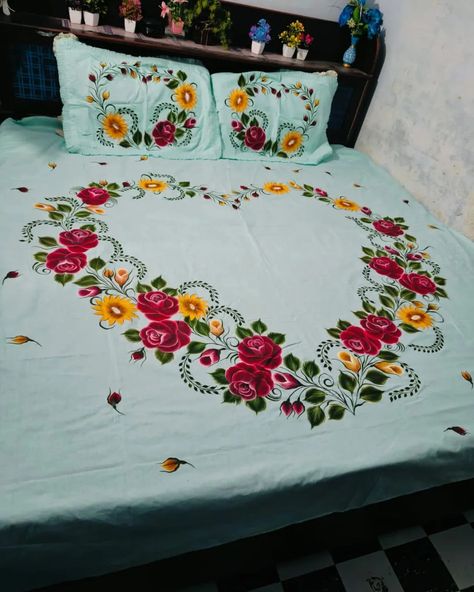 Hand painted bedsheet 90*90 size Pure cotton Cash on delivery not available For order contact on 7710863253 For bigger size of the bedsheet price will increase Price also depends on painter and Design and fabric of the Bedsheet Embroidery Designs For Bedsheets, Hand Painted Bedsheets Designs, Bedsheet Painting Designs, Painted Suits, Bed Sheet Painting Design, Sheet Painting, Eid Mubarak Wallpaper, Fabric Colour Painting, Hanging Crafts