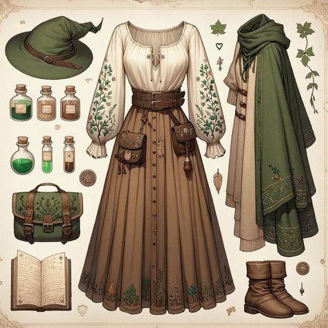 Outfit inspiration  for a charecter, fantasy   #cosplay#healer#wizard#fairy#aesthetic#art#mage#mageoutfits#outfit#botanical#fantasy#fantasybook#bookinspiration Fantasy Gardener Outfit, Witch Outfit Fantasy Art, Spring Fantasy Clothing, Dnd Outfits Inspiration Druid, Fantasy Dnd Outfits, Ren Faire Mage, Dnd Character Cosplay, Fantasy Book Outfits, Healer Clothes