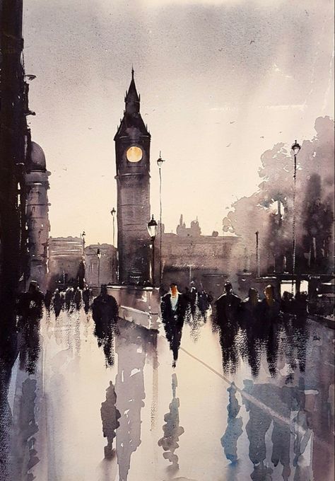 London Painting, Watercolor City, Watercolor Architecture, Big Ben London, City Painting, Architecture Painting, 수채화 그림, Indian Culture, Watercolor Landscape Paintings