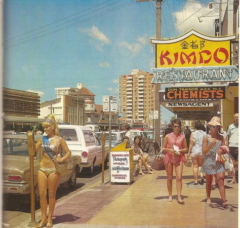 The Gold Coast, Queensland c late 1960s. Note the meter maid in bikini putting coins in the parking meters :) Retro Australia, Vintage Australia, Manly Beach, Gold Coast Queensland, Australia History, Fishermans Wharf, Australian History, Gold Coast Australia, Surfers Paradise