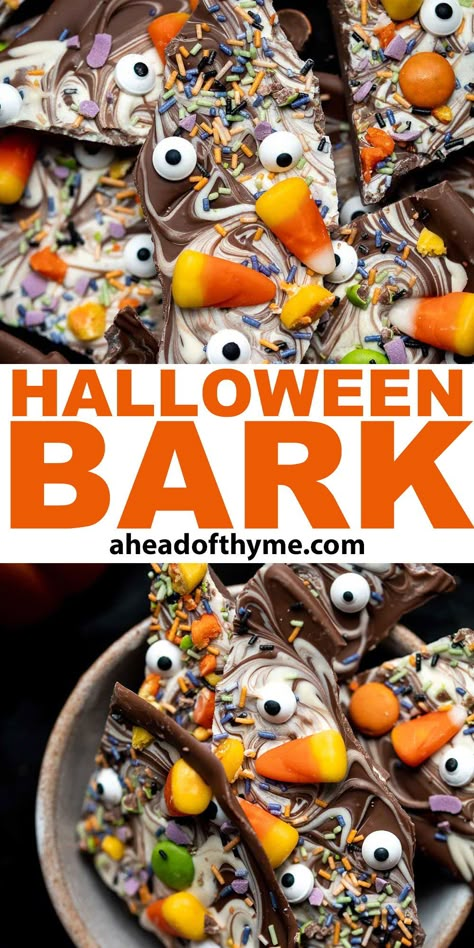 Halloween Bark is a delicious, sweet, and fun to make chocolate treat. It can be customized with your favorite sprinkles and Halloween candy. This quick and easy no bake recipe is easy to make with a handful of ingredients and minimal prep time — perfect to make with the kids! Sweet, melt-in-your mouth chocolate meets chewy candy corn and crunchy candy and sprinkles. The whole family will love this chocolate bark. It stores well too. | aheadofthyme.com #halloweenbark #chocola via @aheadofthyme Halloween Bark Candy, Bark Candy Recipes, Boo Bark, Bakery Menu Ideas, Halloween Chocolate Bark, Holiday Snacks Appetizers, Best Halloween Treats, Halloween Candy Ideas, Candy Corn Recipes