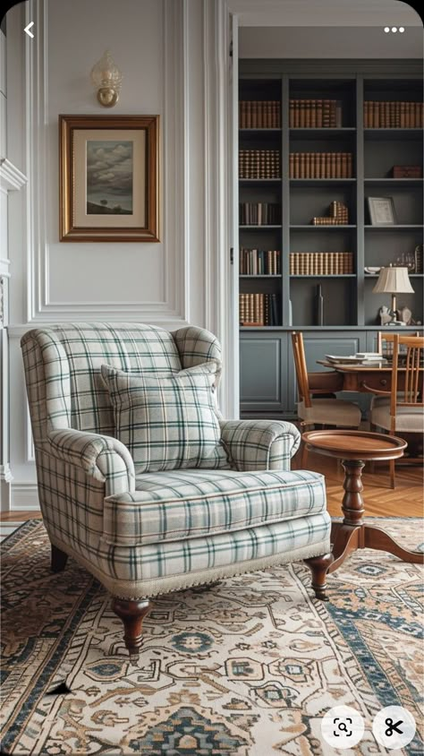 Living Room Craftsman Style, Library In The Living Room, Scottish Homes Interior, Cottage Armchair, Cottage Reading Nook, English Cottage Interiors Cozy, Plaid Armchair, New England Colonial Interior, English Style Home