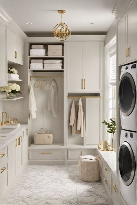 Laundry Room Mediterranean, Modern Home Laundry Room, American Laundry Room, Laundry Room Elegant, Cream Laundry Cabinets, Luxurious Laundry Room Ideas, Laundry Cabinetry Ideas, Laundry With Island, Beige Laundry Room Ideas