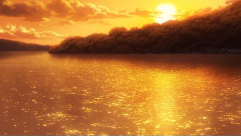 ☆**this is an animated gif~ please click to see the animation!** glowing sunset over a serene lake anime scenery, sparkling water reflection under the setting sun, beautiful realistic animation anime scenery gif Anime Landscape Gif, Sunrise Gif, Orange Gif, Yellow Gif, Landscape Gif, Scenery Gif, Sun Gif, Aesthetic Anime Gifs, Sunset Gif