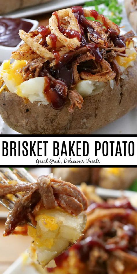 Brisket Baked Potato, Brisket Bbq Sauce, Potato Delight, Fluffy Baked Potatoes, Baked Potato Dinner, Baked Potato Recipe, Onion Strings, Baked Potato Bar, Stuffed Baked Potatoes