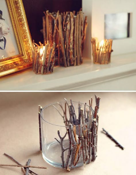 Living Room Christmas Decorations- would like to do for those used Yankee Candle jars....perfect reuse and recycle Twig Candle Holder, Lilin Aroma, Eco Crafts, Astuces Diy, Dekor Diy, Navidad Diy, Crafty Craft, Paper Roll, Nail Arts