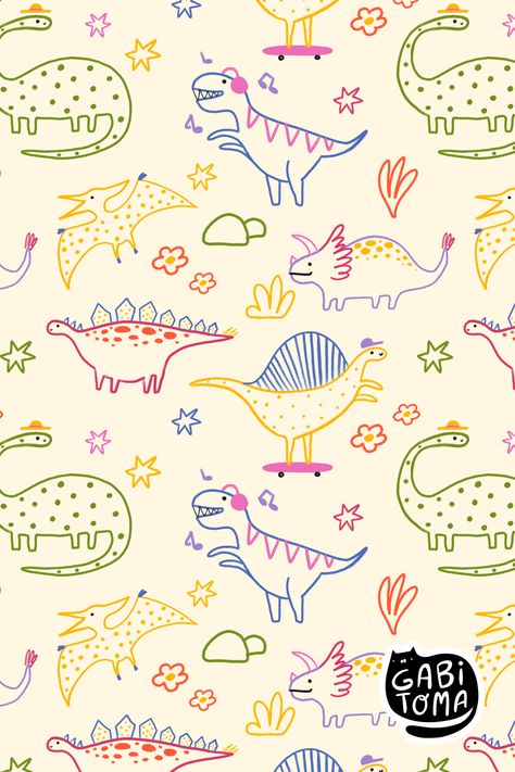 Cute and colorful doodle dinosaur pattern, perfect for kids' clothes. Available on Spoonflower. Tattoo Dino, Doodle Dinosaur, Dinosaur Wallpaper, Medical Wallpaper, Colorful Kids Room, Dinosaur Images, Kids Doodles, Kids Background, Kids Pjs