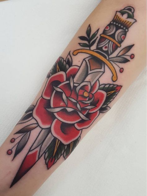 Rose And Dagger Tattoo, Snake And Dagger Tattoo, Traditional Rose Tattoo, Traditional Dagger Tattoo, Rose And Dagger, Traditional Tattoo Inspiration, Traditional Tattoo Flowers, Traditional Rose, Traditional Style Tattoo