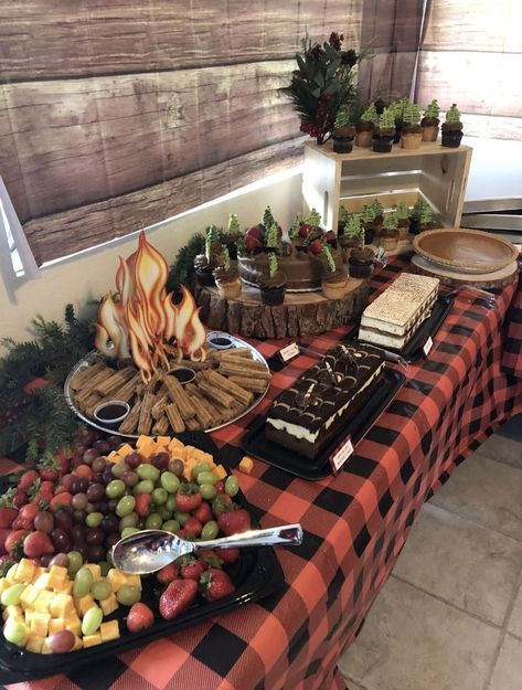 Outside Camping Birthday Party Ideas, Campout Themed Birthday Party, Woodsy Theme Birthday Party, Lumber Jack Party Food Ideas, Christmas Campfire Party, Bonfire Shower Ideas, Campfire Birthday Party Decorations, Birthday Party While Camping, Camp Theme Charcuterie Board