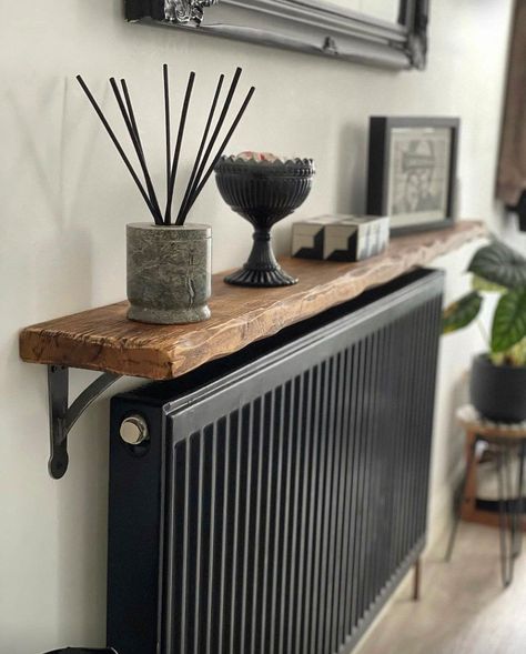 Bedroom Shelfs Designs, Wood Radiator Shelf, Farmhouse Style Hallway, Antique In Modern Interior, Rustic Radiator Shelf, Shelf Over Radiator Hallway, Oak Radiator Shelf, Diy Radiator Shelf, Radiator Aesthetic