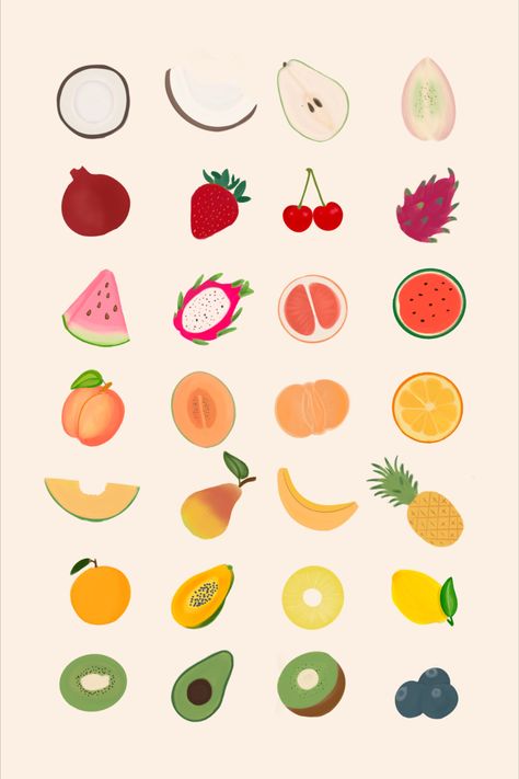 Fruity Summer Branding Restaurant Cafe Food and Beverage Branding, cute fruit illustrations, summer fruits, summer illustrations, brand design, brand design identity, summer patterns Summer Branding, Beverage Branding, Summer Illustrations, Fruits Summer, Fruity Design, Summer Drawings, Fruit Logo, Fruits Drawing, Fruit Vector