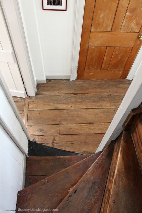 A foyer makeover in an antique farmhouse. See how a little paint can transform a space and enhance the historical beauty of 300 year old wood floors. #foyermakeover #farmhouse #primitivehome Painted Wood Stairs, Foyer Makeover, Antique Wood Floors, Cottage Stairs, Farmhouse Stairs, Cottage Woods, Old Wood Floors, Stairs Makeover, Farmhouse Flooring