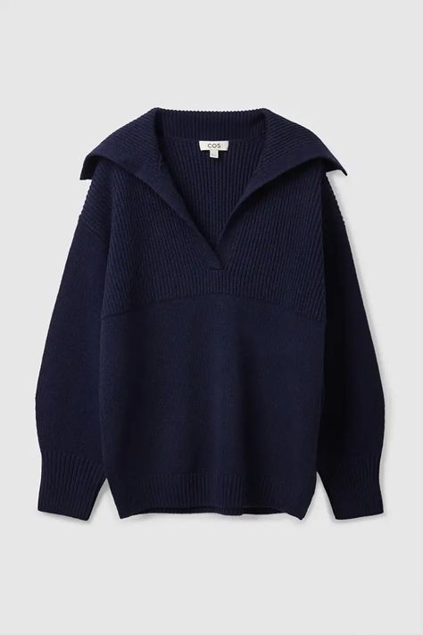 SPREAD-COLLAR WOOL JUMPER - NAVY - Jumpers - COS IT Sweater Cardigan Outfit, Navy Blue Cardigan, Wool Jumper, Stockholm Fashion, Blue Cardigan, Dream Clothes, Knitwear Women, Wool Sweaters, Jumpers For Women