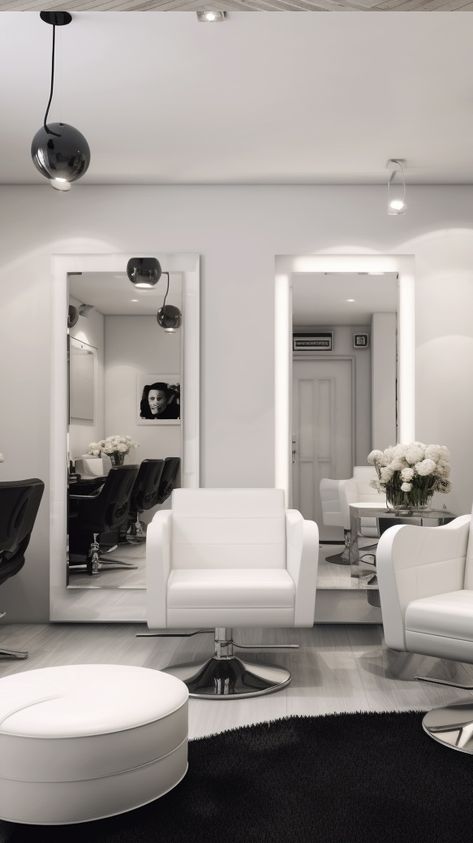 Elegant, minimalist salon suite with black and white decor, furniture, and accessories. White Salon Suite, Black And White Salon Ideas, White And Black Salon, Black And White Salon Suite, Black And White Salon Aesthetic, Hair Salon Suite Decor Small Spaces, Black And White Salon Decor, At Home Salon Ideas Small Spaces, White Salon Decor