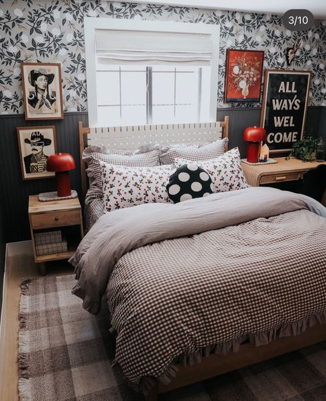 Red Lamps, Gingham Bedding, Shiplap Wall Diy, Farmhouse Eclectic, Nesting With Grace, Rattan Bed, Game Room Basement, Shiplap Wall, Wall Diy