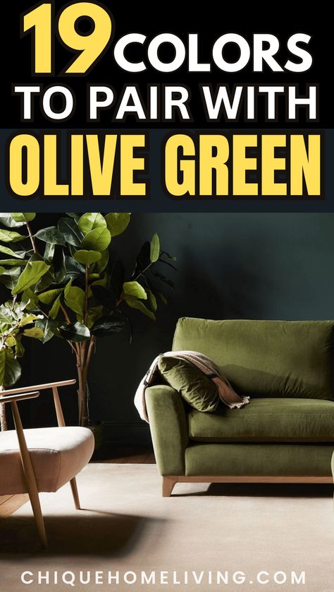 Pairing colors with olive green can create a range of stylish and harmonious color schemes. Here, you will find 19 colors that complement olive green beautifully. Gray Olive Color Scheme, Colours With Olive Green, Light Grey And Olive Green Living Room, Dark Grey And Olive Green Living Room, Dark Olive Green Exterior Paint, Dark Olive Green Couch Living Room Ideas, Olive Green Sectional Living Room Ideas, Color Palettes With Olive Green, Paint Colors With Green Couch