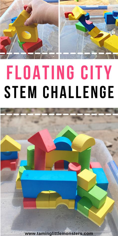 Floating City - STEM Challenge for Kids. Can you build a city that floats and doesn't fall down? This is a fun engineering activity for hot summer days. #stem #preschool #kindergarten #summer Building Activities Preschool Art, Pre K Engineering Activities, Engineering For Toddlers, 1st Grade Engineering Activities, Stem Activities Preschool Kindergarten, Stem Preschool Crafts, Sensory Building Activities, Engineer Activities For Preschool, Stem Building Challenges For Preschool