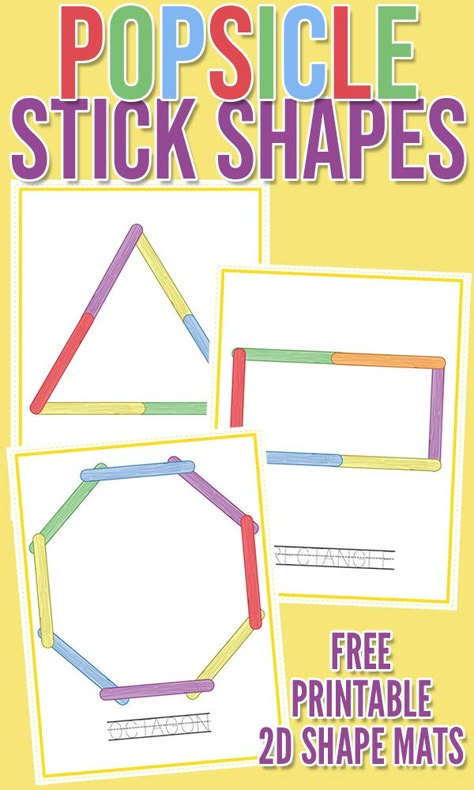 Printable 2D Shapes Building Mats: Popsicle Stick Shapes 1st Grade Shapes Activities, Outdoor Shapes Activities Preschool, Montessori Math Kindergarten, Triangle Practice Preschool, 2d Shape Lessons, How To Teach Shapes To Kindergarten, Shapes And Sizes Preschool, Camping Shapes Preschool, Popsicle Stick Shape Mats