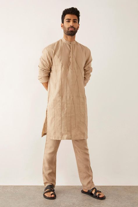 Shop for Son of A Noble Snob Beige Linen Stela Cord Texture Kurta for Men Online at Aza Fashions Kurta Designs Men's, Indian Groom Wear, Gents Kurta Design, Kurta For Men, Gents Kurta, Kurta Men, Male Models Poses, Mens Kurta Designs, Mens Attire