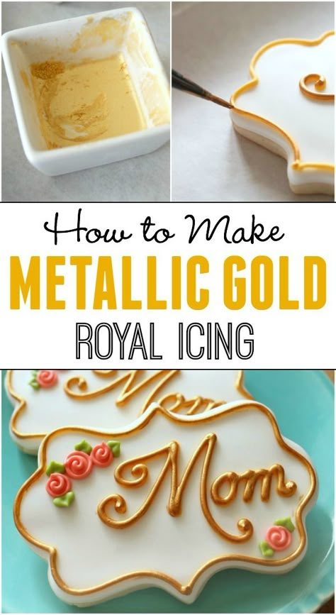 How to make shiny gold (and silver) royal icing.  It's easier than you think! Gold Royal Icing, Kue Fondant, Royal Icing Recipe, New Cake, Fondant Cupcakes, Cookie Icing, Cake Icing, Icing Recipe, Iced Cookies