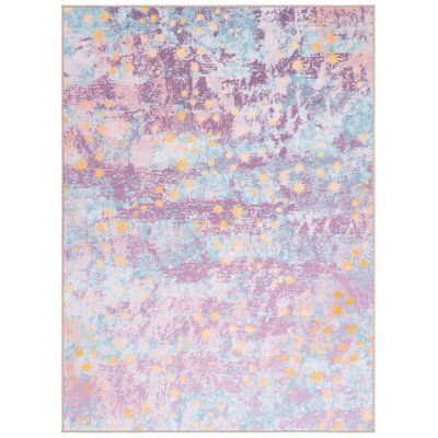 Bring a modern pop of color to your bedroom, playroom, or nursery with this abstract area rug. Power-loomed from 100% polyamide, this rug features a latex backing that pairs well with a rug pad to keep it secure on your floor. The pattern showcases an artistic mottling of purple and light blue with yellow star-shaped accents for a playful look. We love that this rug has a low 0.23'' pile height that makes it great for warming your floors without tripping up your feet or your vacuum. | Hashtag Ho Rainbow Rug, Safavieh Rug, Light Blue Rug, Kids Playhouse, Purple Area Rugs, Purple Light, Childrens Room Decor, Yellow Rug, Soft Rug