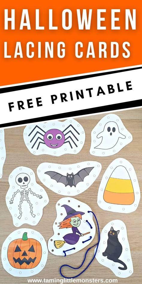 Free Halloween Lacing Cards for Kids - Taming Little Monsters Halloween Fine Motor Activity, Halloween Theme Preschool, Halloween Lesson Plans, Halloween Teaching, Halloween Activities For Toddlers, Halloween Activities Preschool, Learning Folder, Fine Motor Play, Monster Activities