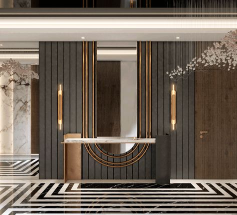 Console Wall Designs, Foyer Wall Design Modern Entrance, Modern Lux Entryway, Lobby Console Design, Luxurious Wall Design, Entrance Hall Ideas Modern Luxury, Modern Entrance Foyer Design Luxury, Modern House Entrance Interior, Entrance Foyer Design Luxury