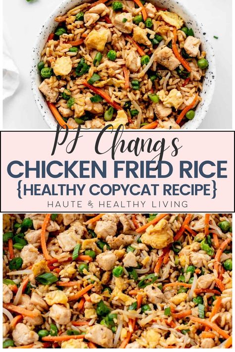 A traditional comfort dish, chicken fried rice made at home is a recipe from PF Chang. It's so warm and fulfilling, with the most lovely, aromatic aroma that will draw the entire family to the table! With reduced fat, sodium, and calorie content, this healthier version retains all of your favorite flavors! #hauteandhealthyliving #PFChangfriedrice #healthydinner #familyfriendly Chicken Fried Rice Coconut Aminos, Fried Rice With Coconut Aminos, Chicken Fried Rice Bowl, Paleo Chicken Fried Rice, Gf Chicken Fried Rice, Whole 30 Fried Rice, Macro Friendly Chicken Fried Rice, Chicken Fried Rice No Egg, Low Sodium Chicken Fried Rice