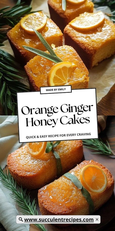 Filled with the perfect blend of orange, ginger, and honey, these cakes are a deliciously spiced treat that brings warmth and citrus brightness to every bite. A must-try dessert for any season! Orange Ginger Honey Cakes, Ginger Cake With Lemon Sauce, Orange Marmalade Dessert, Orange Ginger Carrot Cake, Candied Ginger Cake, Orange Thyme Cake, Mandarins Orange Recipes, Recipes To Use Up Oranges, Orange Ginger Cake