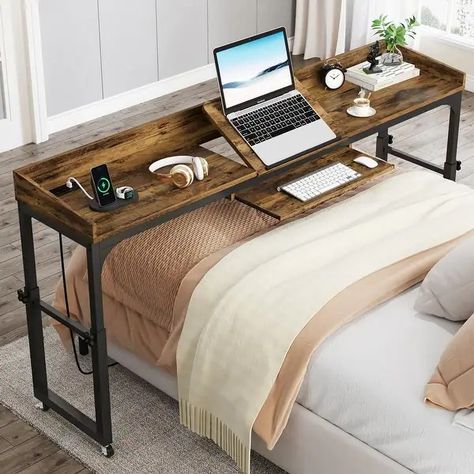 Height Adjustable Overbed Table with Wheels, Mobile Laptop Cart with Outlets & USB Ports - On Sale - Bed Bath & Beyond - 39150020 Over Bed Desk, Bed Table On Wheels, Rolling Bed, Overbed Table, L Shaped Executive Desk, Table With Wheels, Home Goods Furniture, Home Office Furniture Desk, Over The Bed