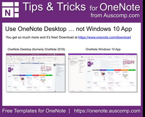 Auscomp OneNote Tips and Tricks - Use OneNote Desktop instead of OneNote Win10 App One Note Organization Work, Onenote Notes, Note Hacks, Microsoft Shortcuts, Microsoft Onenote Templates, One Note Tips, Onenote Tips, School Productivity, Microsoft Word Lessons