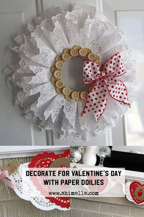 Make a paper doily wreath and banner Christmas Doily Crafts, Paper Doily Flowers, Doily Wreath, Paper Doilies Crafts Valentine, Valentines Doily Crafts, Heart Doilies Crafts, Doily Crafts, Valentine Wreaths, Doilies Diy