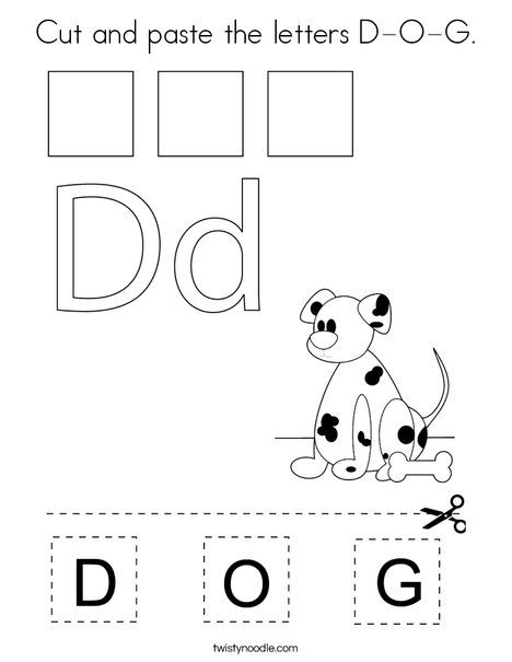 Cut and paste the letters D-O-G Coloring Page - Twisty Noodle Zebra Coloring Pages, Letter D Crafts, D Is For Dog, Daycare Themes, Twisty Noodle, Creative Lesson Plans, Teaching Spelling, Preschool Coloring Pages, Alphabet Practice