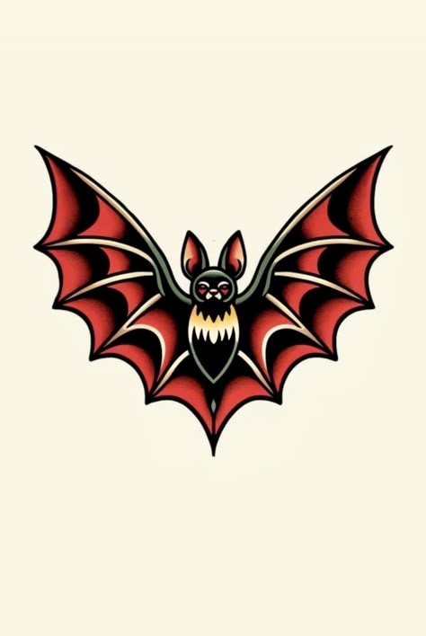 Bat American Traditional, Bat Pinup Tattoo, Trad Vampire Tattoo, American Trad Animal Tattoo, Traditional Style Bat Tattoo, American Traditional Vampire Tattoo, Cool Dark Tattoos, Vampire Traditional Tattoo, Vintage Halloween Tattoo Ideas