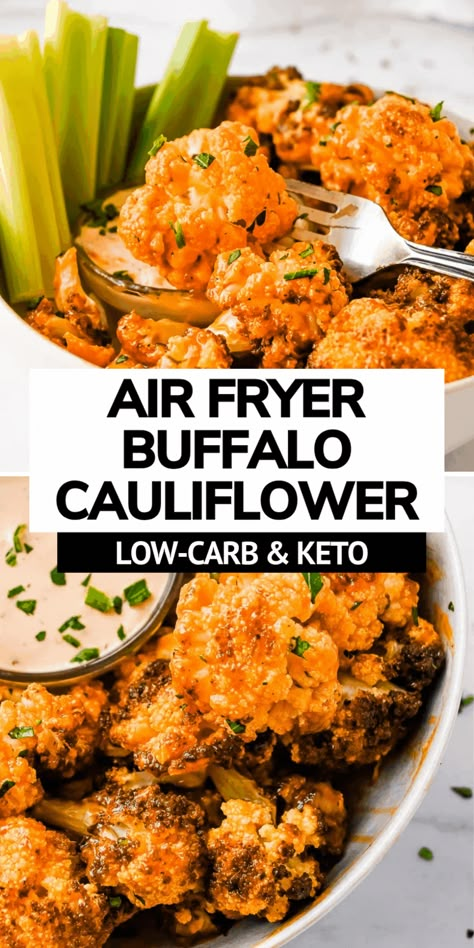 Air fryer buffalo cauliflower wings with no breading are easy to make for a healthy snack or appetizer! These healthy cauliflower bites are keto friendly and a perfect for game day snack! Keto and low carb friendly and ready to eat in just 25 minutes! Cauliflower Gluten Free Recipes, Keto Cauliflower Buffalo Bites, Buffalo Cauliflower Crispy, Easy Keto Cauliflower Recipes, Easy No Carb Dinner Recipes, Healthy Buffalo Cauliflower Air Fryer, Delicious Cauliflower Recipes, Crispy Coliflower Airfryer, Healthy Recipes In The Air Fryer