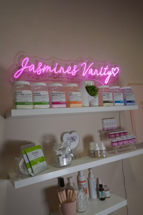 Esthetician, beauty, Pink Esthetician Room Ideas, Esthetician Bathroom, Self Care Room Decor, Wax Esthetician Room, Floating Shelves Esthetician Room, Esthetician Snack Bar, Wax Rooms Ideas, Farmhouse Esthetician Room, Esthetician Shelves